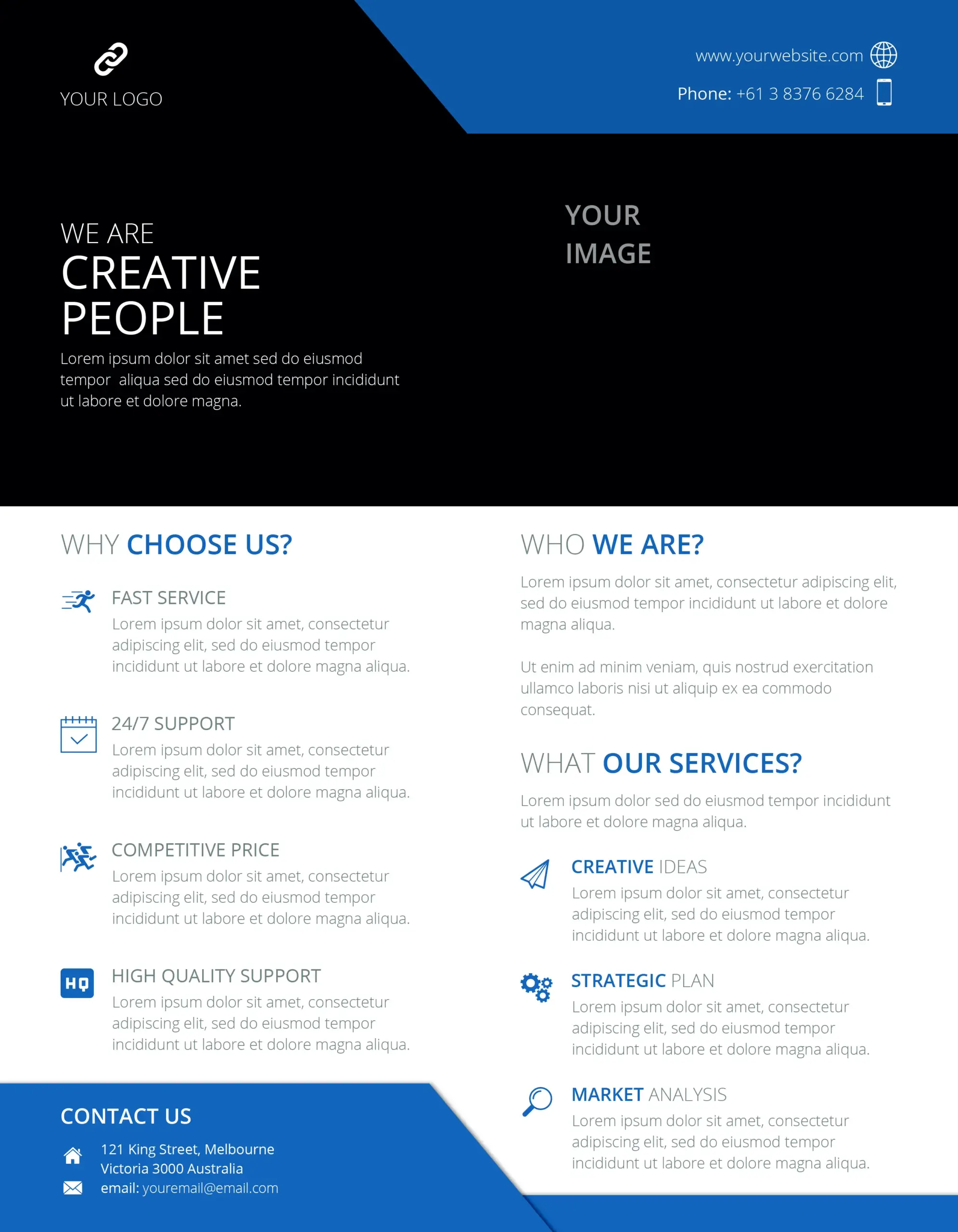 Clean corporate flyer displaying information about the company.