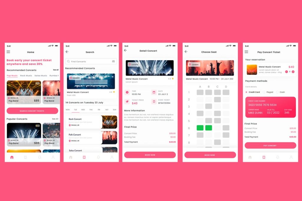 Collage of concert ticket app's user interface.