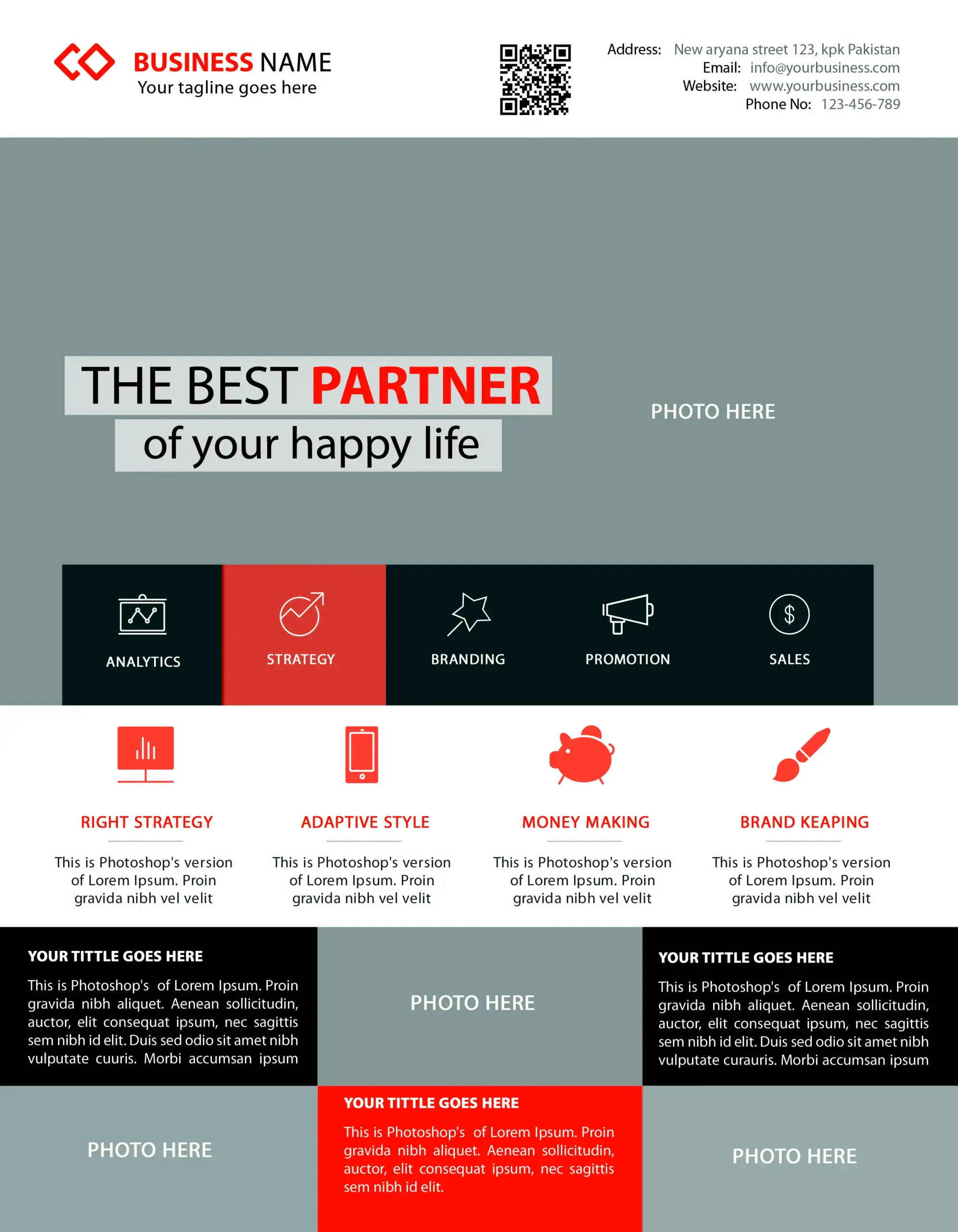 200 corporate flyer template displaying infromation about a company and their strategies.