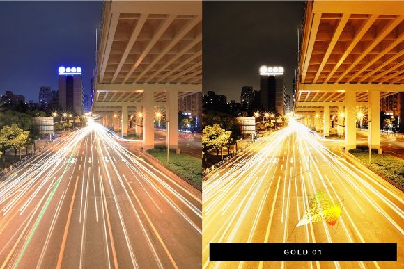 Collage of two images of before and after the preset was applied, the image is a busy road at night.