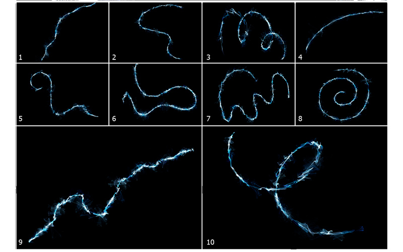Collage of 10 photos of blue electricity patterns.