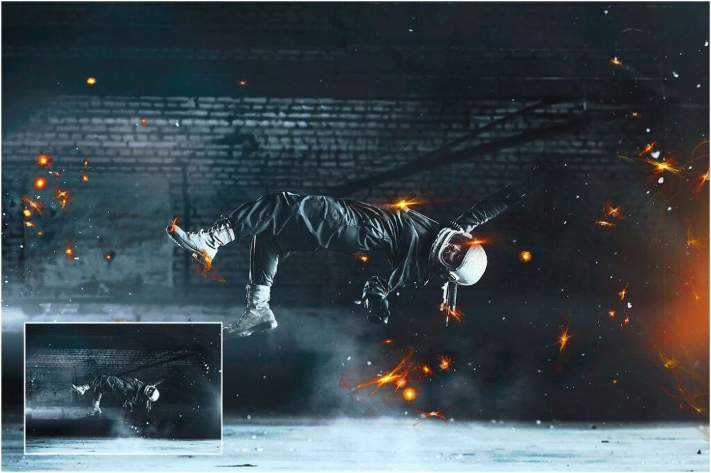 Image of an astronaut floating surrounded with Firey orbs.