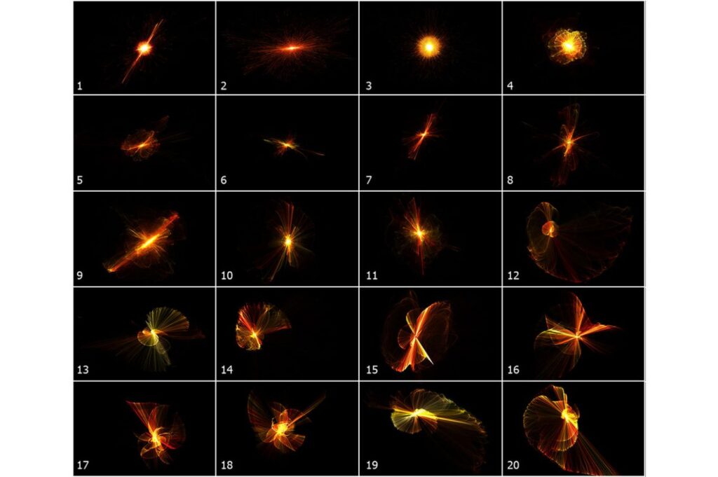 Collage of 20 photos f red and yellow fire patterns.