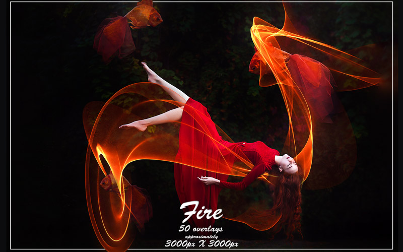 Image of a girl in red dress floating Surrounded with red wave patterns.
