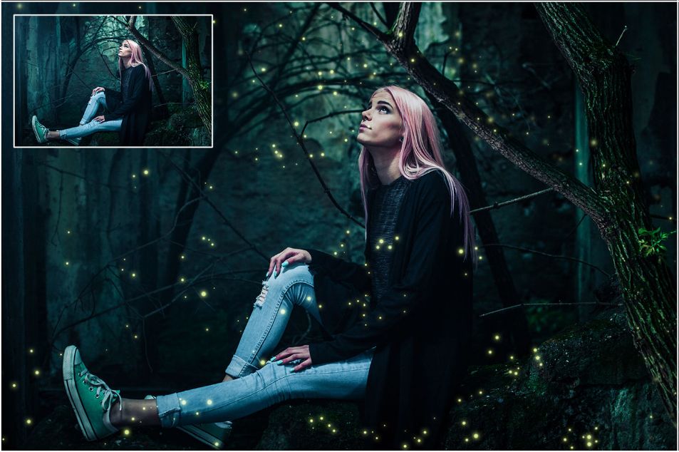 Pink haired girl sitting in forest surrounded by orbs.