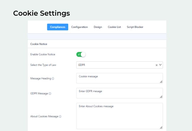 GDPR cookie settings user interface