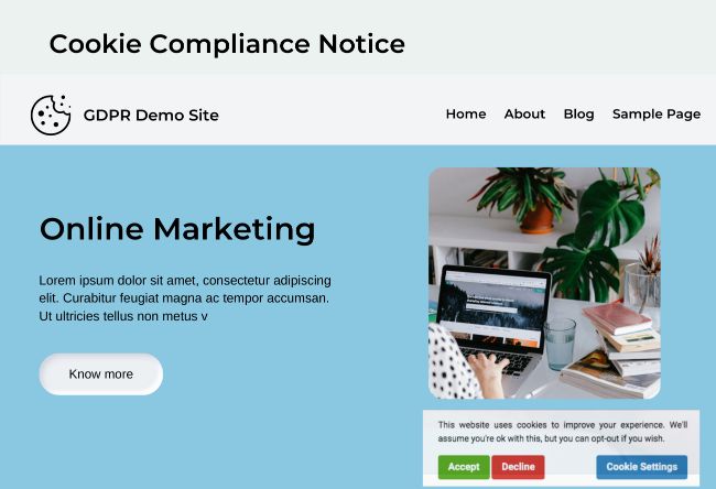 GDPR cookie consent plugin's Cookie compliance notice user interface