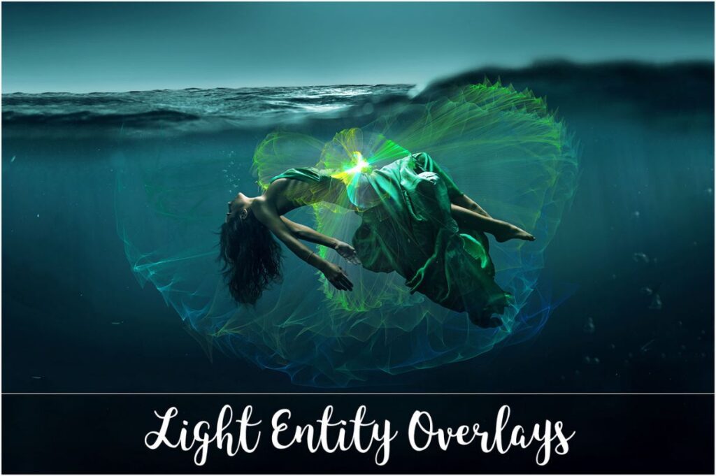 image of girl submerged in water surrounded by a green patterned aura.