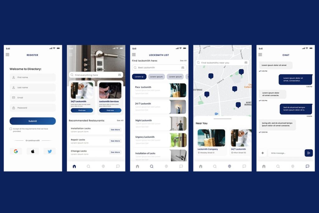 Collage of User interface of a locksmith services app from 21 Mobile app UI kits.