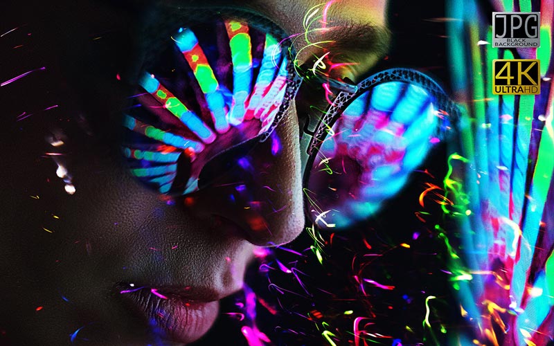 Close up image of a girl wearing surrounded by multicolored sparkles.