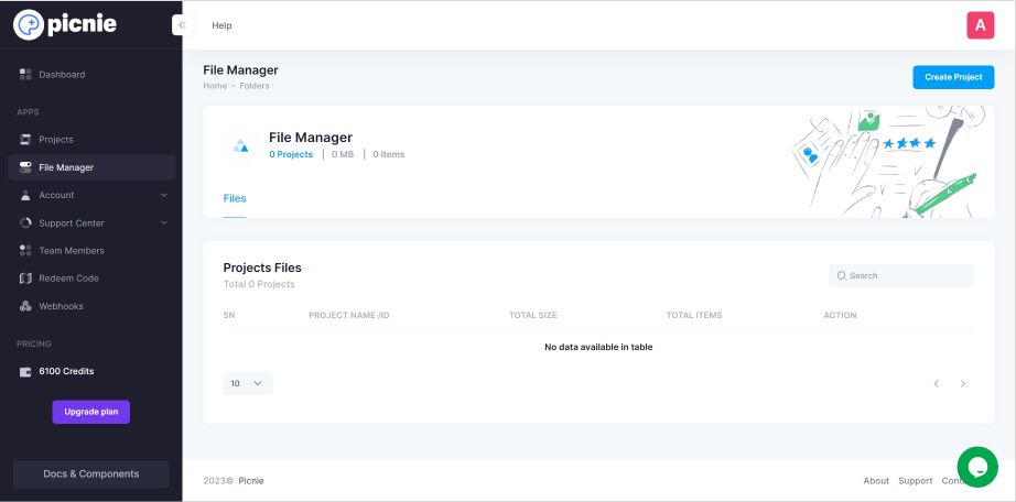 Filemanager User interface displaying information of projects Files.