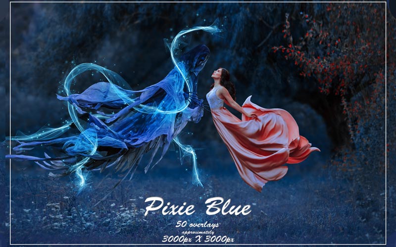 woman in gown floating with a Ghost like apparition surrounded by shiny blue patterns.