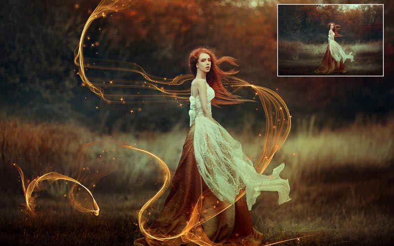 Girl in white dress surrounded by golden light patterns.