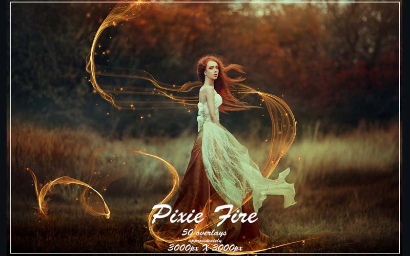 Girl in white dress surrounded by golden light patterns.