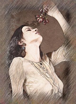 15th preset of the portrait studio displaying a girl in white eating grapes.