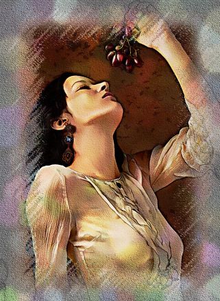 19th preset of the portrait studio displaying a girl in white eating grapes.