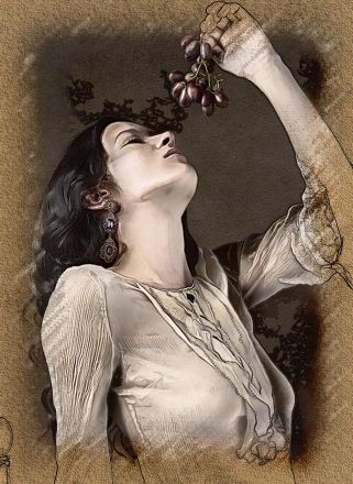 21st preset of the portrait studio displaying a girl in white eating grapes.