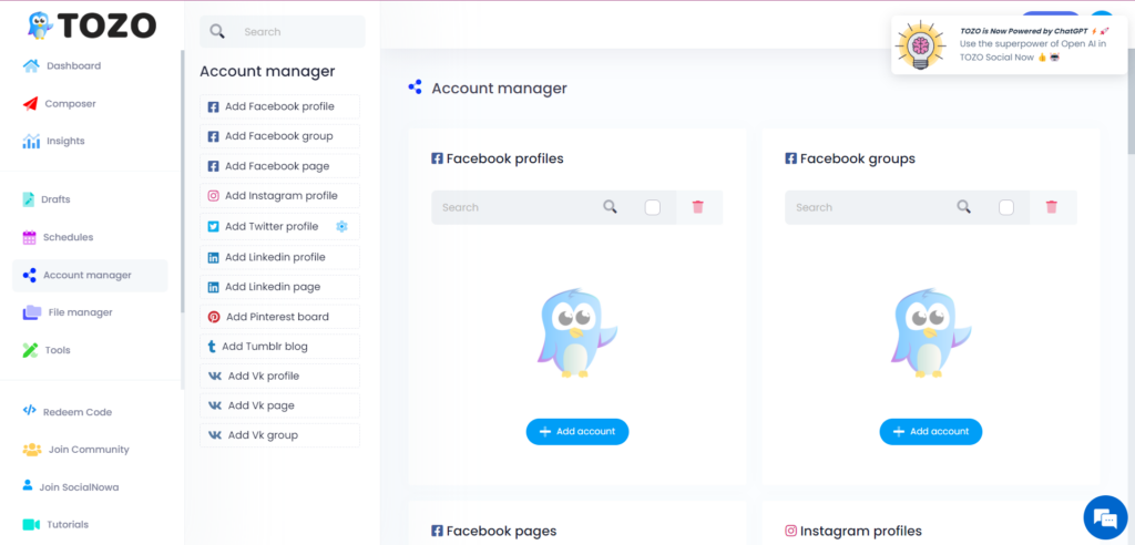 This image is a preview of Tozo's account manager dashboard
