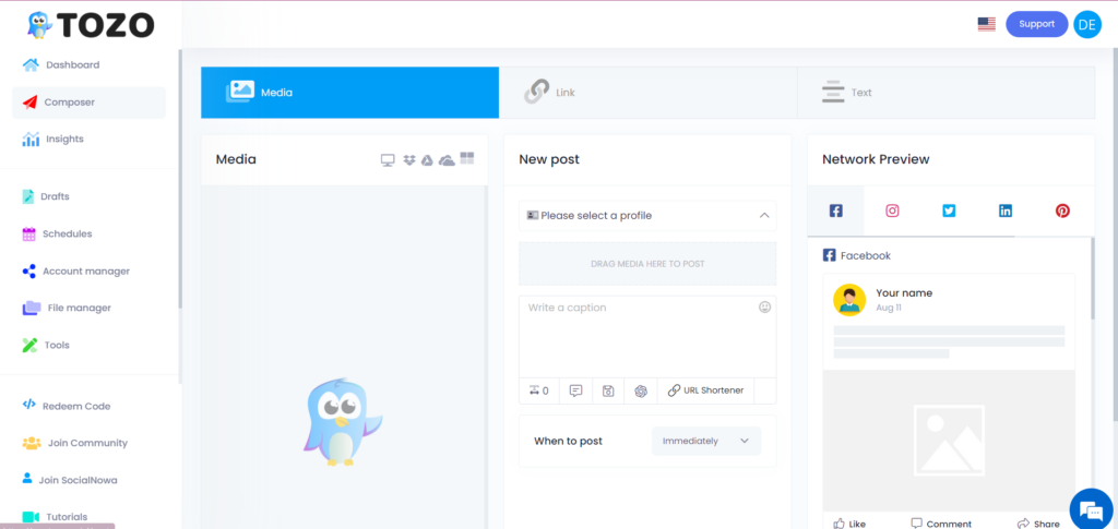 This image is a preview of Tozo's composer dashboard