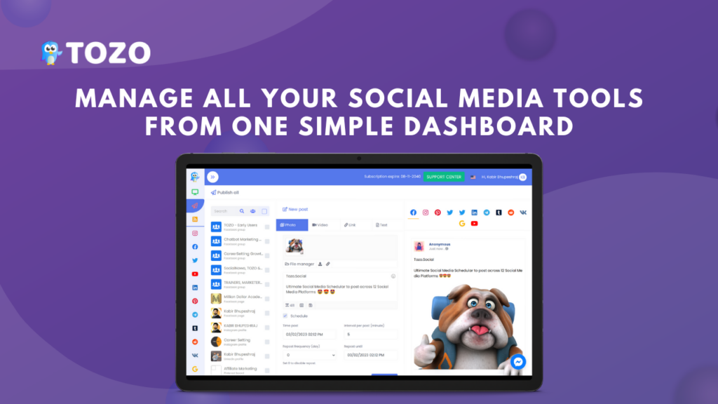 This image displays how you can manage all your social media tools from one simple dashboard with this best socila media scheduling tool