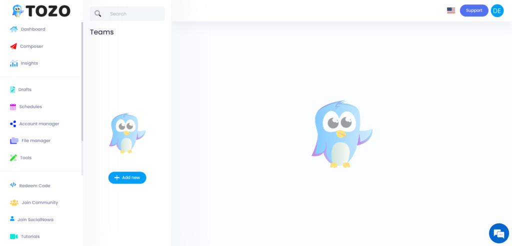 This image is displaying Teams dashboard of Tozo - the best social media scheduling too