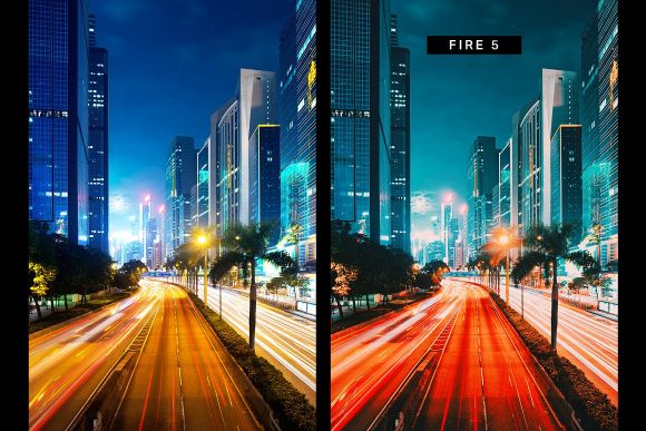 Collage of two images of before and after the preset was applied, the image is of a busy road t night.