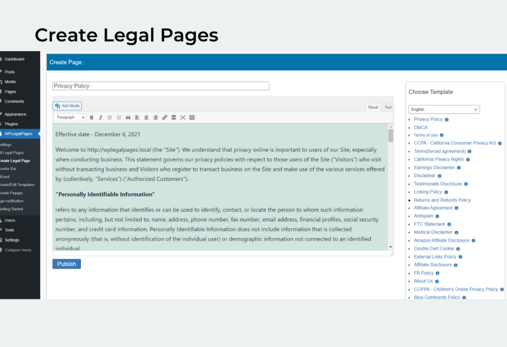 WPLegalPages - privacy maker displaying sample privacy policy