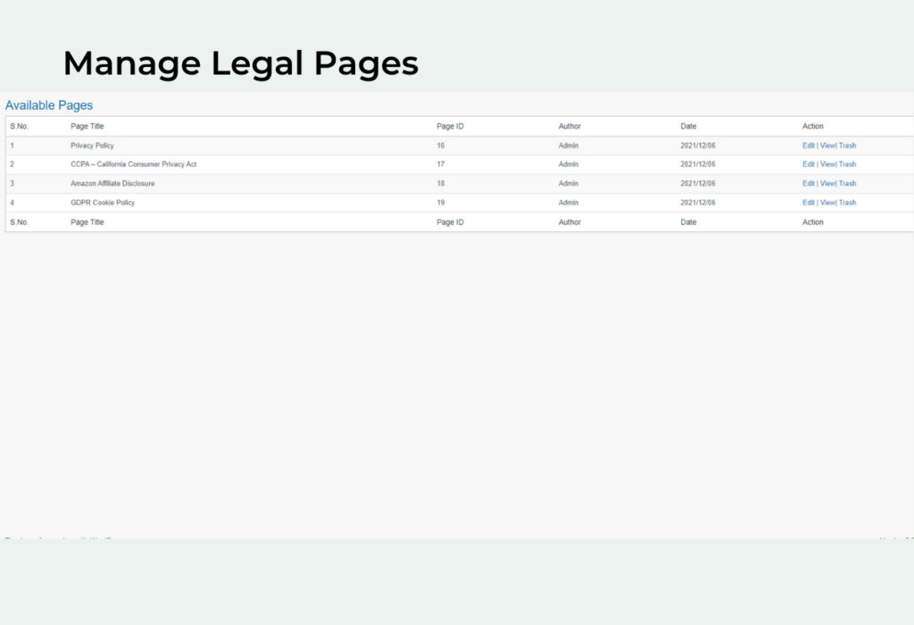 WPLegalPages Page index preview
