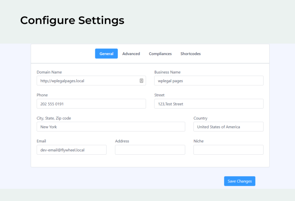 WPLegalPages configure settings preview