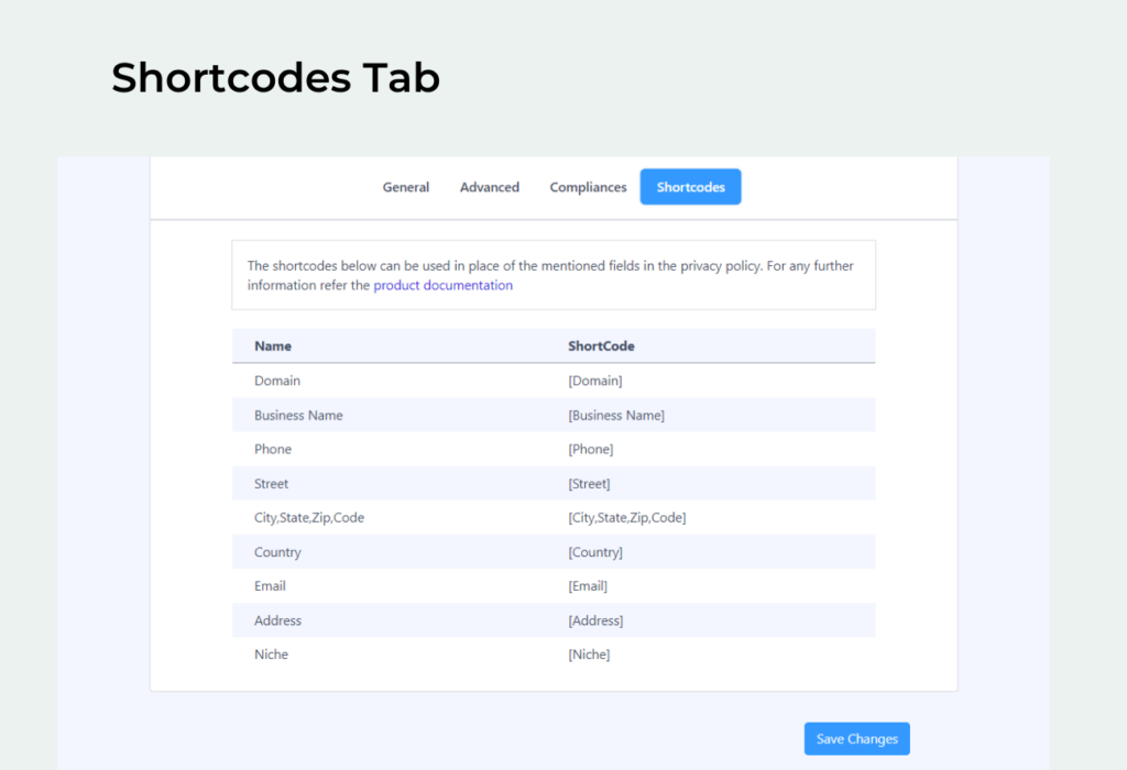 WPLegalPages preview of shortcodes tab