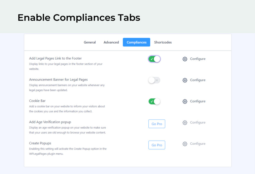 WPLegalPages preview of compliances tab