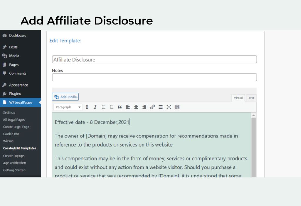 WPLegalPages preview of affiliate disclosure section highlighting sample disclosure notice