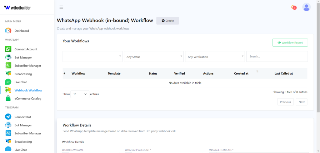 This image is displaying the webhook workflow interface of WTbotbuilder