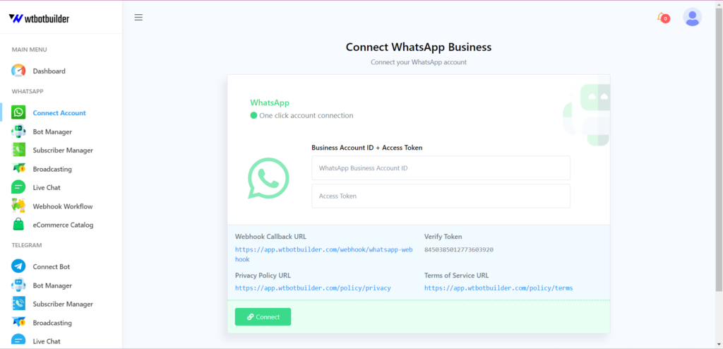 This image is displaying the connect account interface of WTbotbuilder