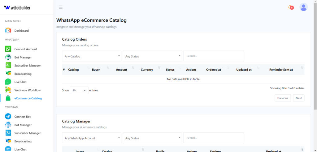 This image is displaying the eCommerce catalog interface of WTbotbuilder