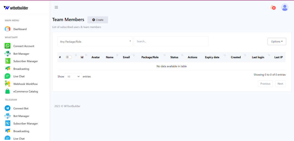This image is displaying the team members interface of WTbotbuilder - telegram chatbot builder