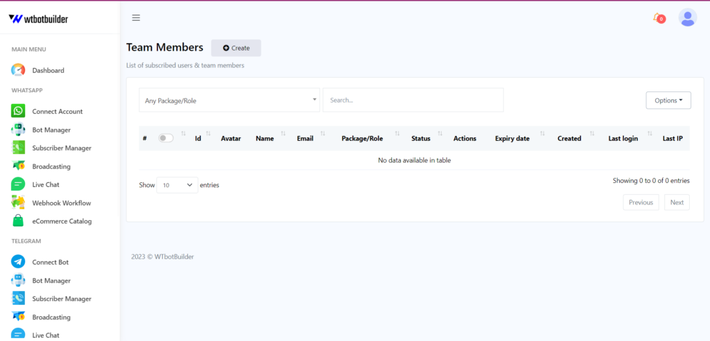 This image is displaying the team members interface of WTbotbuilder
