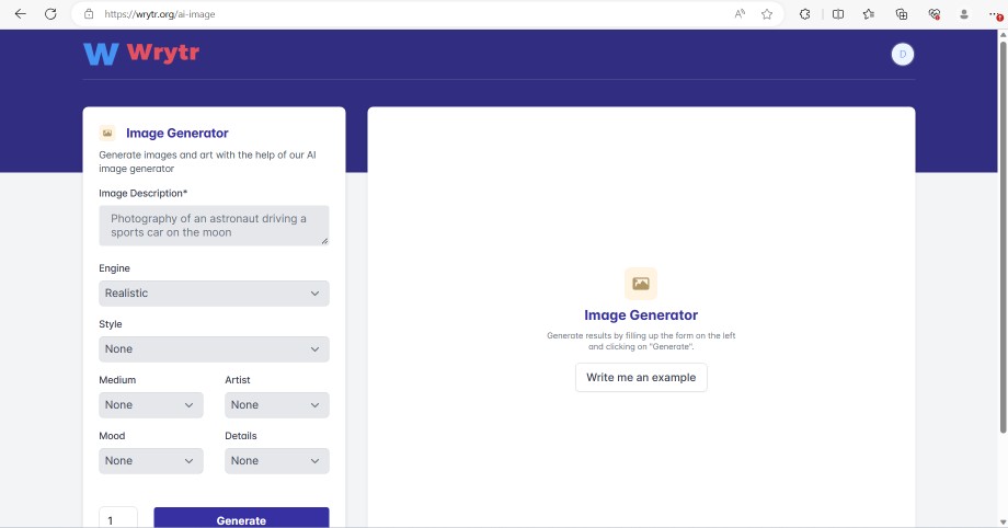 User interface of Image generator.