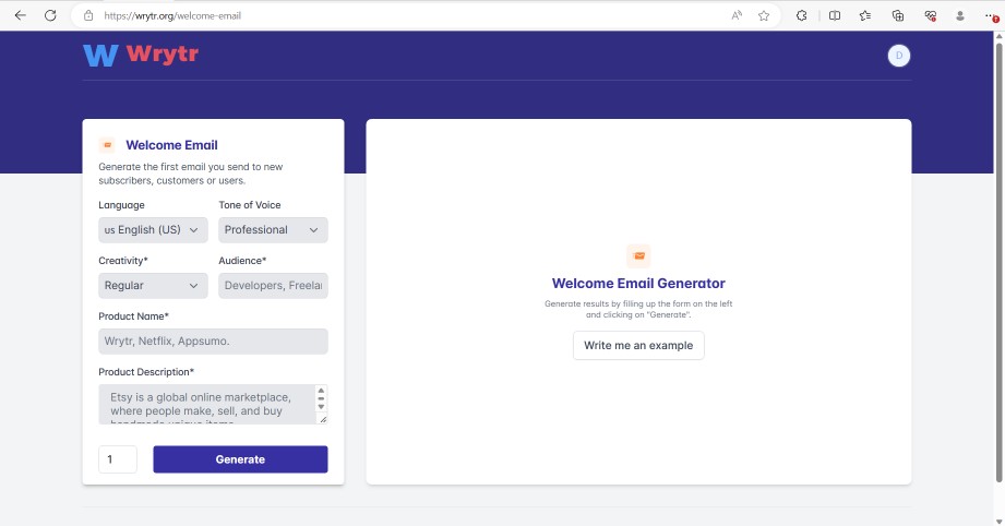 User Interface of Wrytr AI's Email generator.