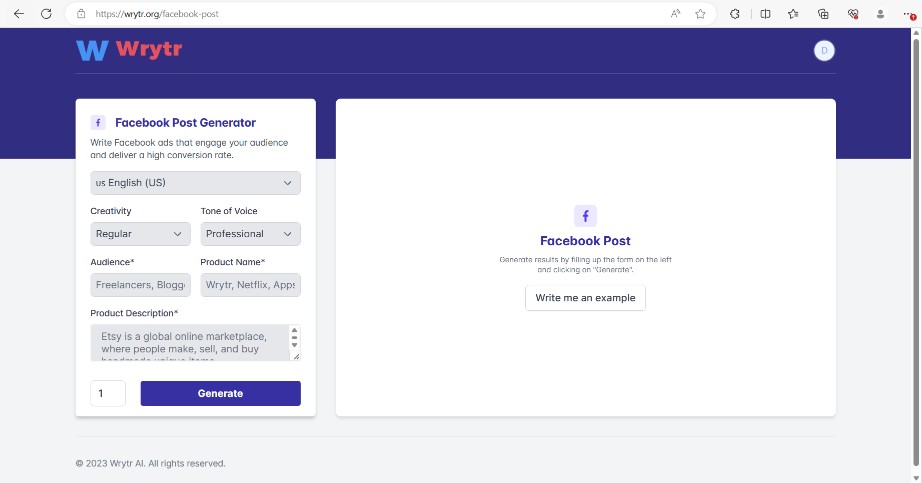 user interface of Facebook post generator.