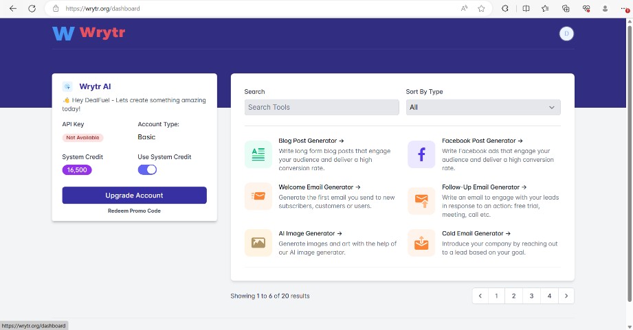 User interface of Wrytr AI - AI tools for content creation dashboard.