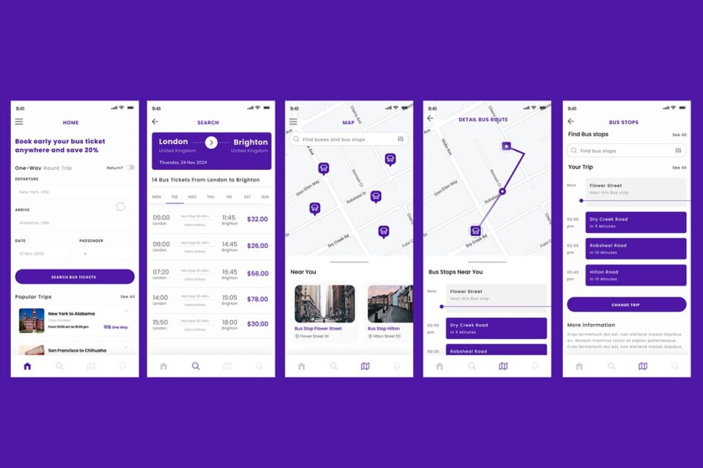Collage of bus route App' user interface.