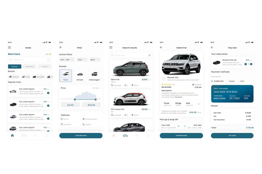 collage of ser interface of a car rental app.