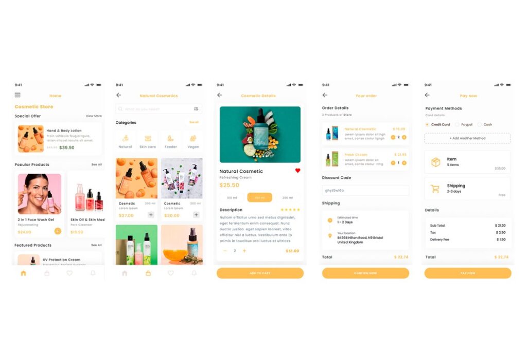Collage of cosmetic shopping app's user interface.