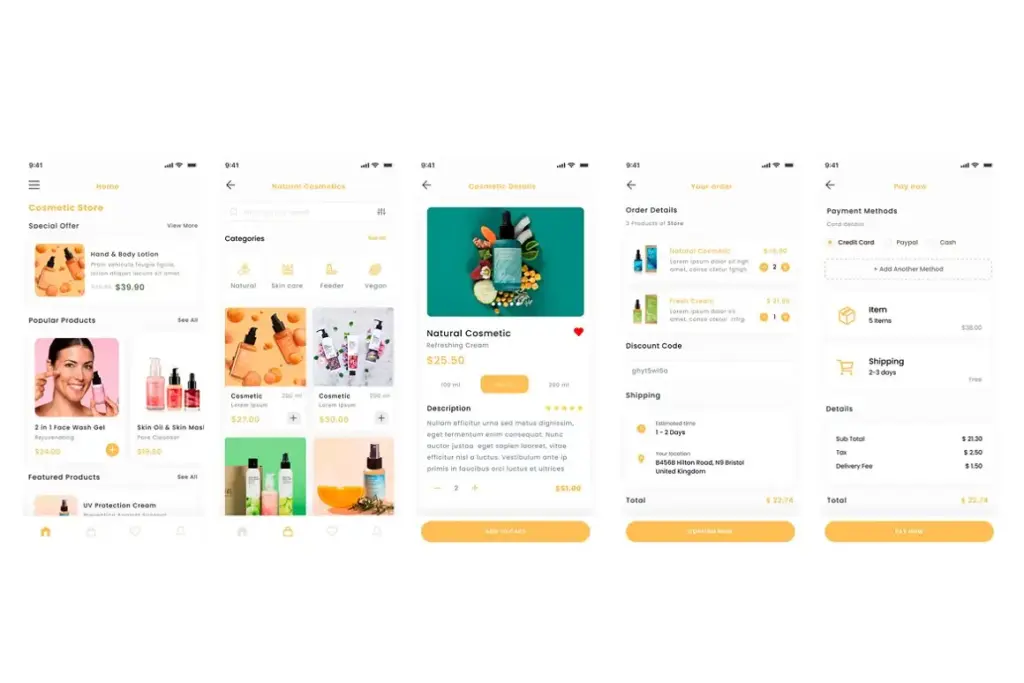 Collage of cosmetic shopping app's user interface.