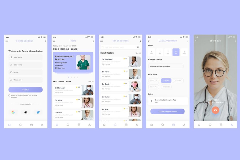 Collage of user interface of doctor health consultation app.