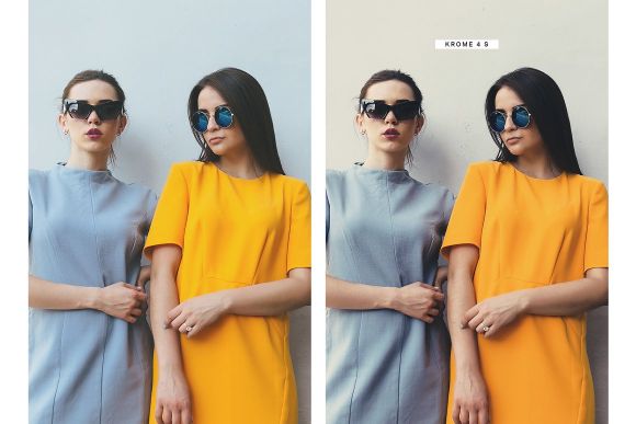 Collage of two images of before and after the preset was applied, the image is of two girl wearing grey and yellow dress with sun glasses.