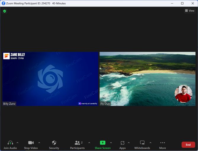 zoom meeting with user using FineCam for background scene selection.