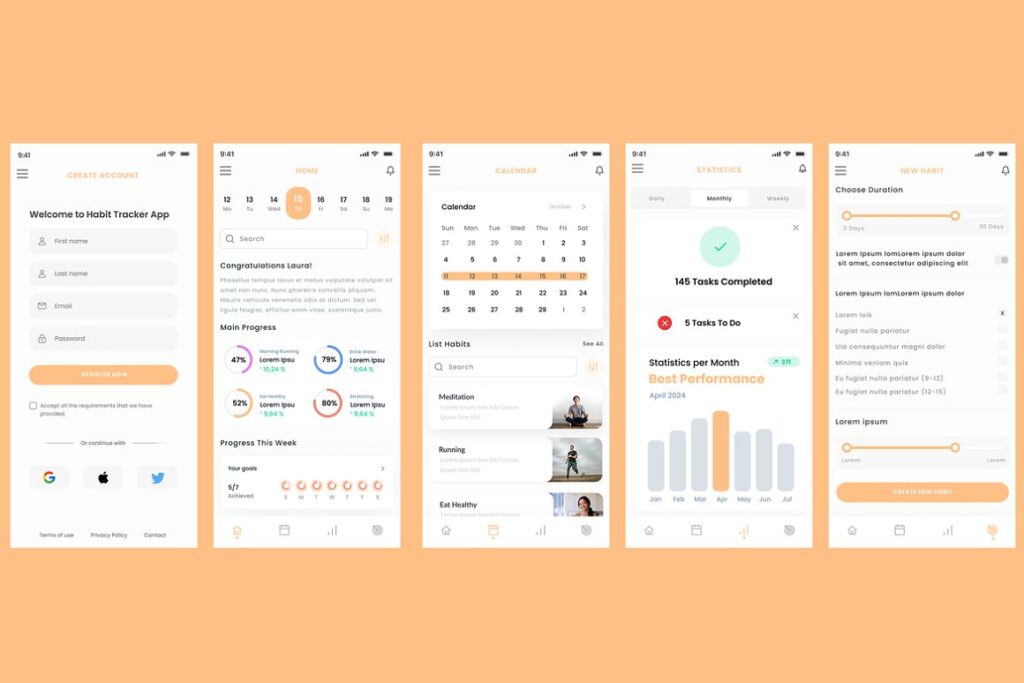 collage of UI of a Habit tracker app from 21 Mobile app UI kits.