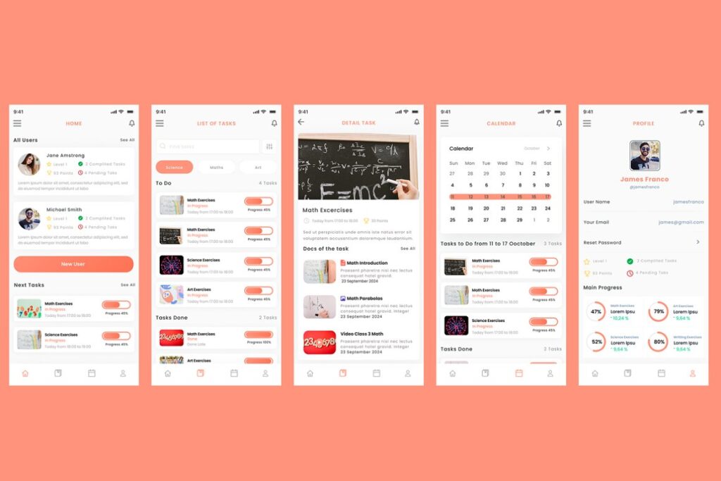 Collage of User interface of a kid's task tracking math exercise app from adobe xd mobile app ui kit